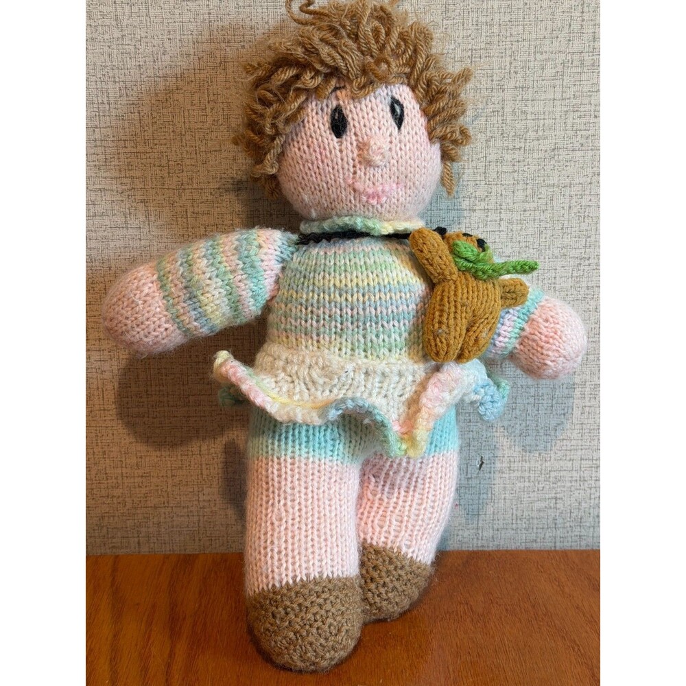 Vintage Handmade Knitted Knit Rag Doll Pastel Dress Curly Hair Mini Teddy Bear S